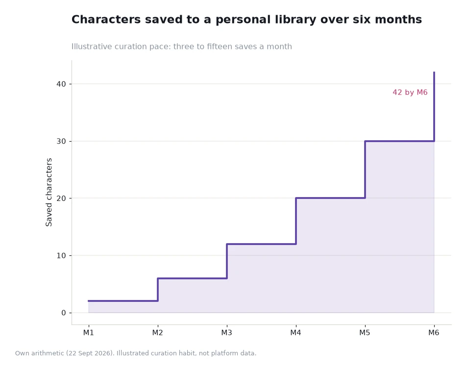 Step chart of characters saved to a library across six months